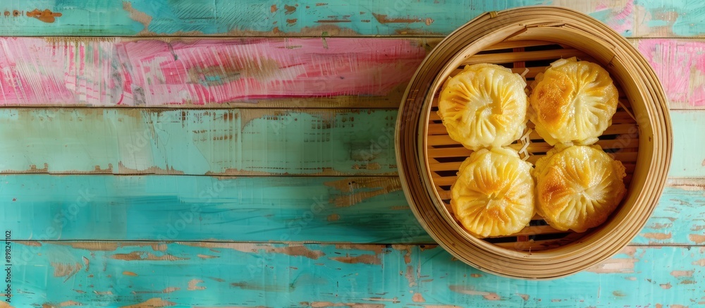 Aufkleber a bamboo bowl filled with steamed bread topped with coconut jam is placed on a colorful wooden table