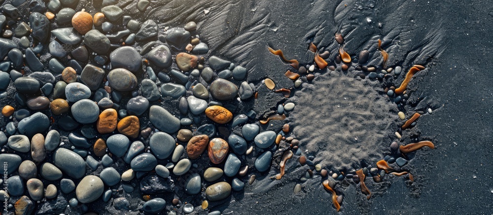 Aufkleber A view from above featuring black sandy beach with a sun shaped arrangement of pebbles creating a scenic travel and vacation themed copy space image