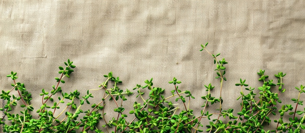 Aufkleber blooming fresh thyme herb and lemon thyme plants on a linen background with healthy greens creating 