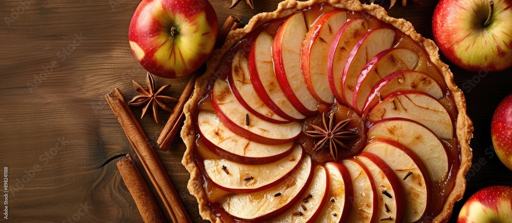 Poster close up top view of a homemade fruit tart showcasing golden crust whole and halved apples cinnamon 