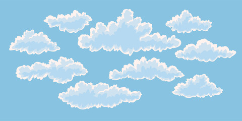 A set of clouds of various shapes. Cartoon clouds to place in the sky. Cute vector illustration for creativity. A set of elements.