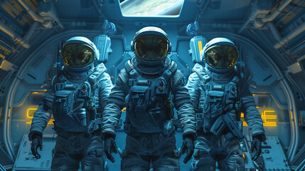 Futuristic space squad in protective armored suits. Interior of the spaceship at backdrop