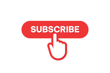 Subscribe red button with hand cursor. Hand cursor clicking on red subscribe button. Subscribe button. Hand pointer icon.