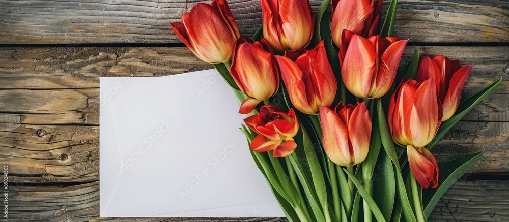 Fototapete a bouquet of tulips displayed with an empty paper card on a wooden background with copy space image