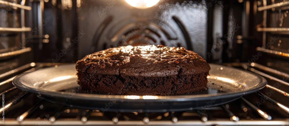 Poster baking brownie cake mix in the center of a preheated oven with copy space image