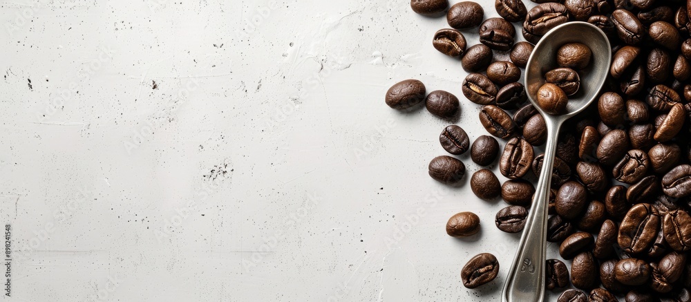 Aufkleber coffee beans and a spoon on a white table with a clear area for text or images at the bottom ideal f