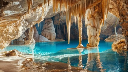  Inside a cave, a serene pool of water reflects the surrounding limestone formations Ceiling adorned with icicle-like stalactites
