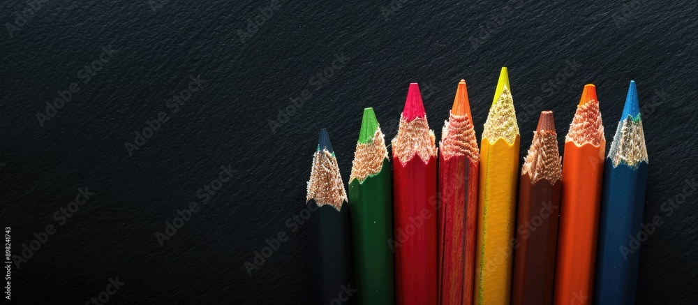 Poster colorful pencils displayed against a black backdrop with copy space image