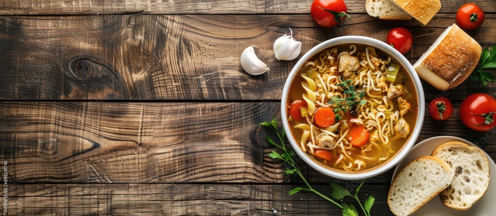 Aufkleber Chicken soup with noodles bread and a blank space for adding images or text. Creative banner. Copyspace image