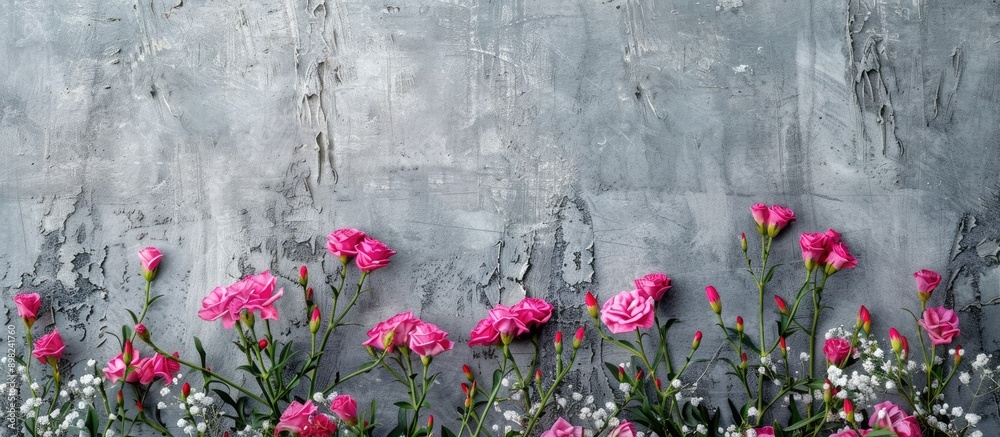 Poster Panoramic image featuring a concrete backdrop with a wooden border and pink carnations at the center in a copy space image