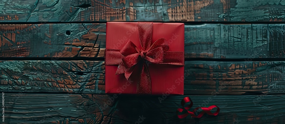 Poster Top view of a desktop with a red gift box creating a charming composition on a wooden surface providing an attractive copy space image
