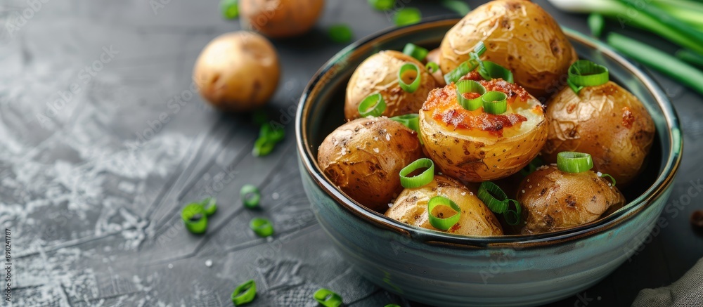 Poster delicious baked potato in a bowl with green onion on a bright background suitable as a copy space im