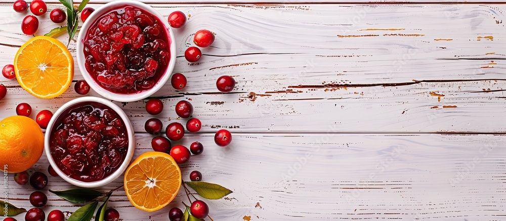 Leinwandbilder a composition of cranberry sauce and orange arranged on a white wooden table with room for text arou