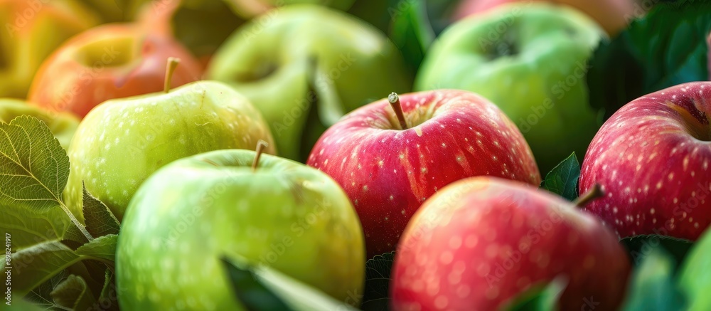Poster close up of fresh green and red apples making a delightful and healthy vegetarian snack rich in vita