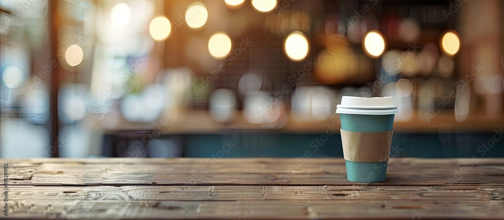 Poster a coffee cup placed on a wooden table is shown in a blurred copy space image