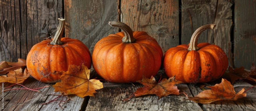 Poster Autumn themed composition with three pumpkins numerous dry leaves on a rustic wooden backdrop ideal for fall concepts featuring selective focus and room for text a perfect copy space image