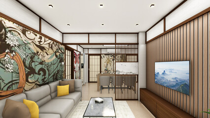 Japanese oriental living room house interior with shoji screen and modular furniture