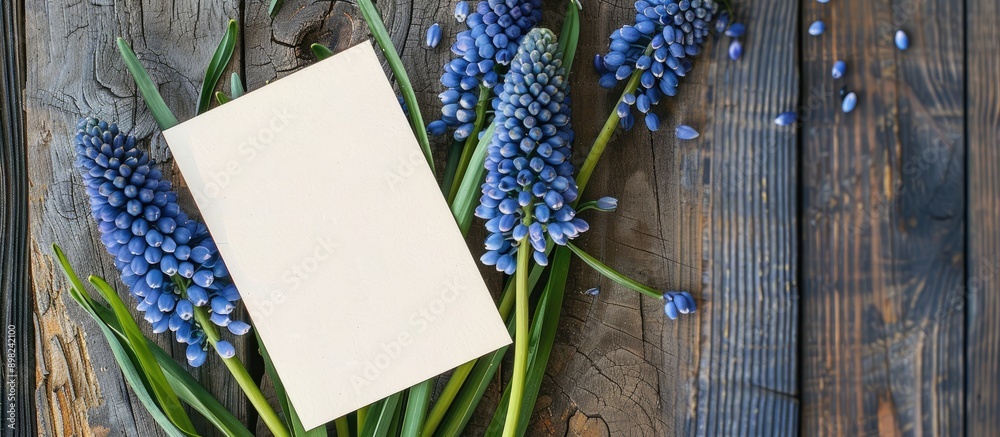 Fototapete Top down view of a mockup displaying a spring themed greeting card with blue muscari flowers perfect for adding text or images. Creative banner. Copyspace image