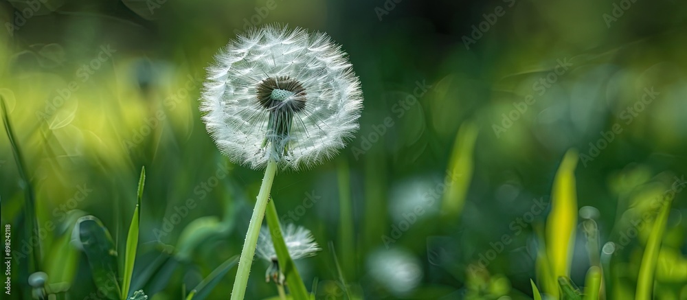 Poster Close up copy space image of a dandelion with seeds in a garden