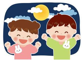 お月見をする笑顔の子供達のイラスト　秋