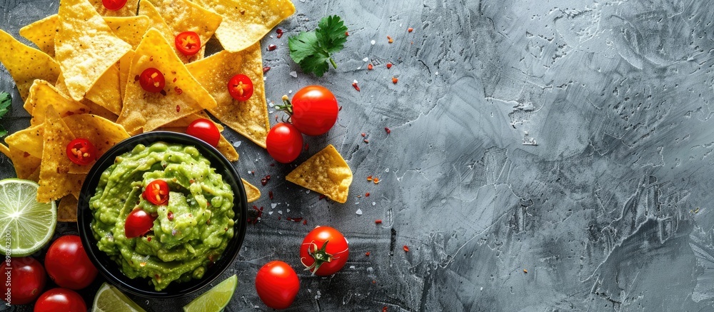 Poster top down view of nachos with guacamole displayed on a gray concrete surface perfect for a copy space