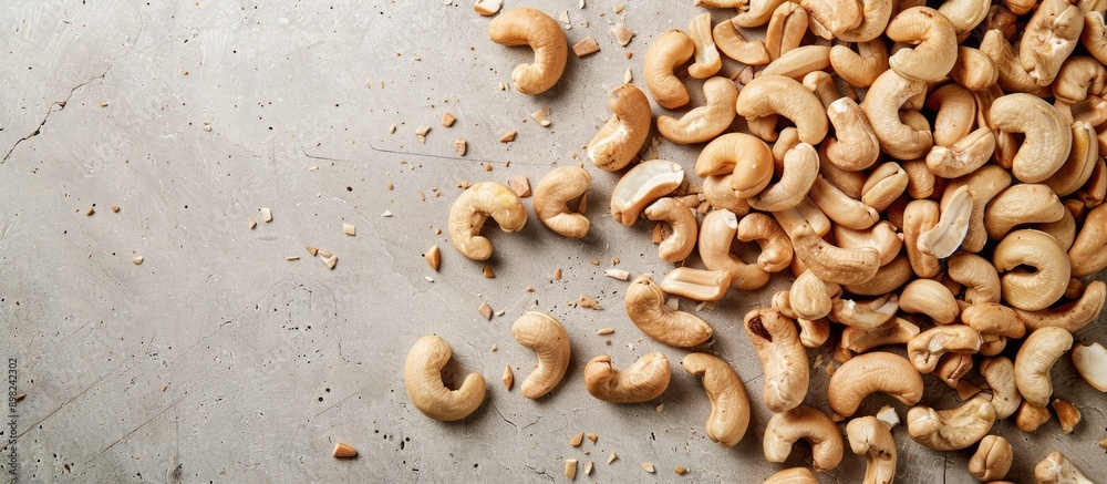 Poster cashew nuts scattered on the floor with a copy space image