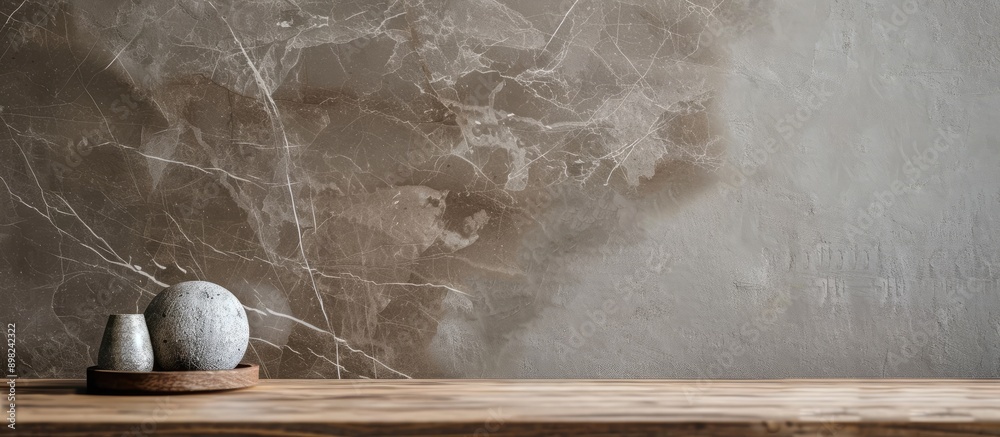 Poster a brown marble sample stone is displayed on a wooden table with a white concrete block background pr