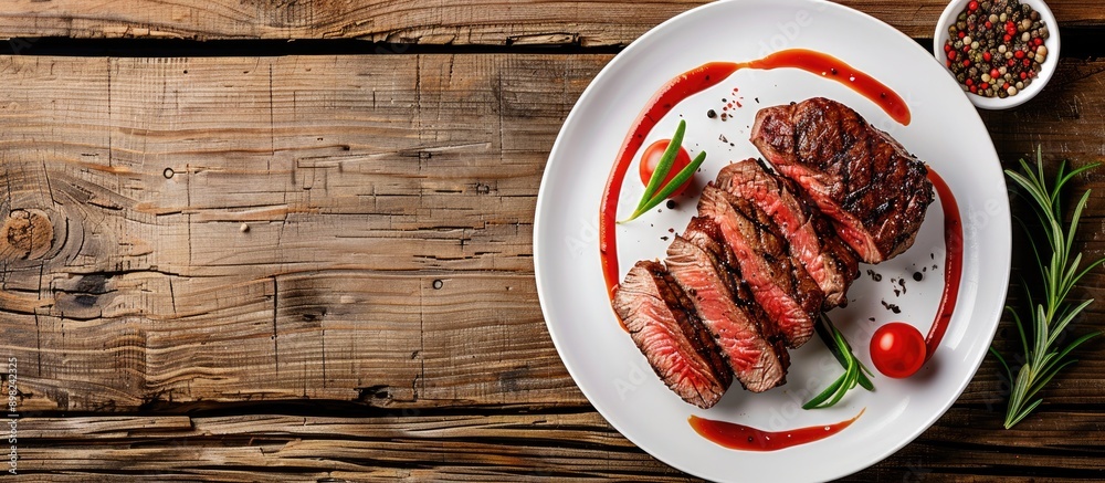 Poster beef steak seasoned with spices on a vintage white plate displayed on a wooden table with copy space