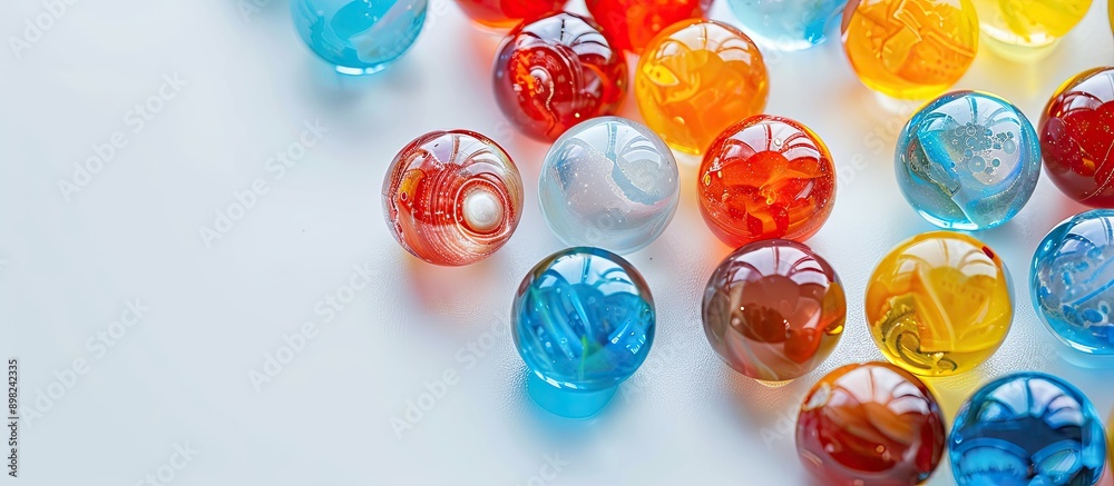 Poster Close up macro photo of colored marbles on a white background with copy space image