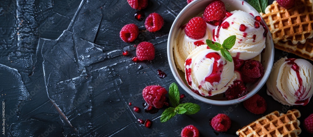 Poster Delicious red fruits topping ice cream and waffles on a dark stone backdrop with copy space image available for text