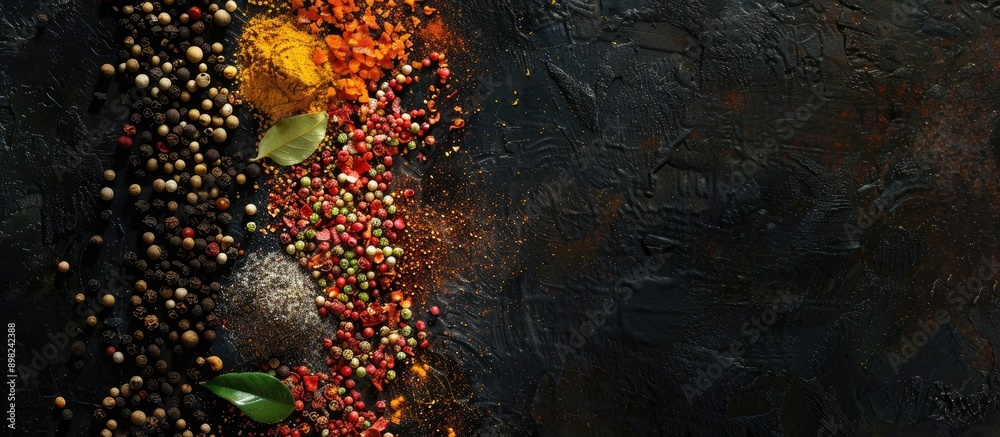 Fototapete top view of an array of vibrant spices against a black backdrop with copy space image