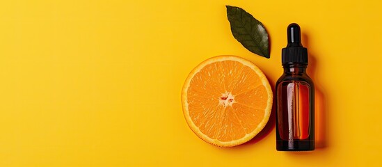 Citrus cosmetics enriched with vitamin C displayed in a bottle on a vibrant yellow backdrop with a fresh orange ample copy space image available