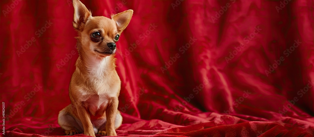 Poster charming chihuahua puppy with red fur sitting on a crimson backdrop offers copy space image