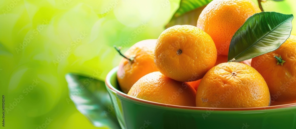 Poster a vibrant display featuring a bowl of oranges set against a lush green backdrop creating an appealin