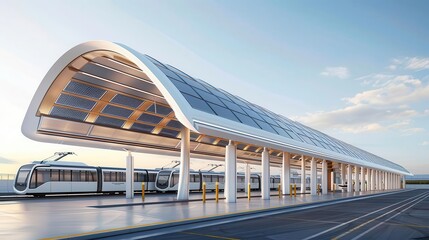 Modern urban train station with sleek design, featuring innovative architecture under clear sky, reflecting future of public transportation.