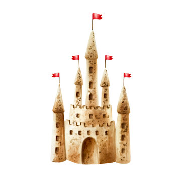 recommend clip art: Sand castle with red flags on towers. Watercolor hand drawn kids play in the sandbox illustration isolated on background. For designers, postcards, greetings, birthday, calendar, wallpapers, wrapping 