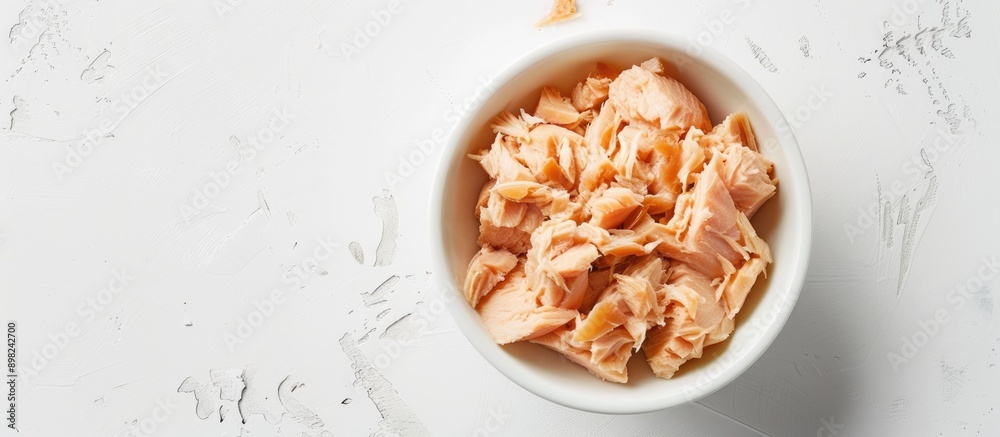 Poster Top view of canned tuna in a white bowl on a white background with soft lighting in a studio shot allowing for copy space in the image