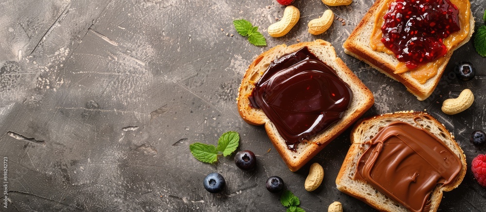 Poster Copy space image featuring chocolate butter peanut butter and berry jam topped toasts on a gray textured background