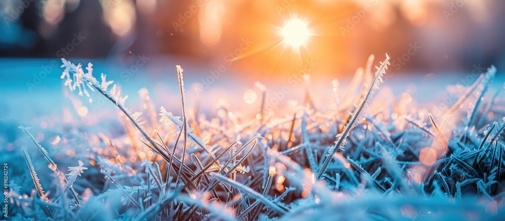 Fototapete capturing a close up image of frost covered grass at sunrise on an early spring morning ideal for ma
