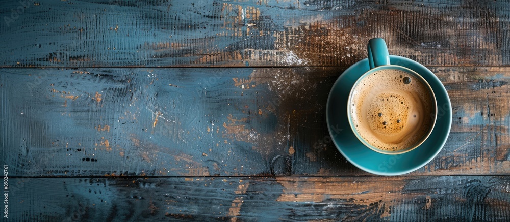 Poster top down view of a coffee cup on a vintage wooden surface with available copy space image