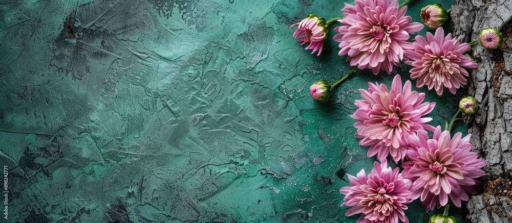 Poster chrysanthemum flowers on tree bark with copy space image on green backdrop