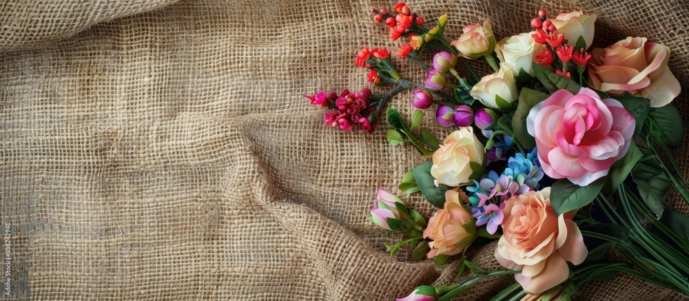 Poster artificial flowers artfully arranged on a rustic jute sackcloth background perfect for easter themed