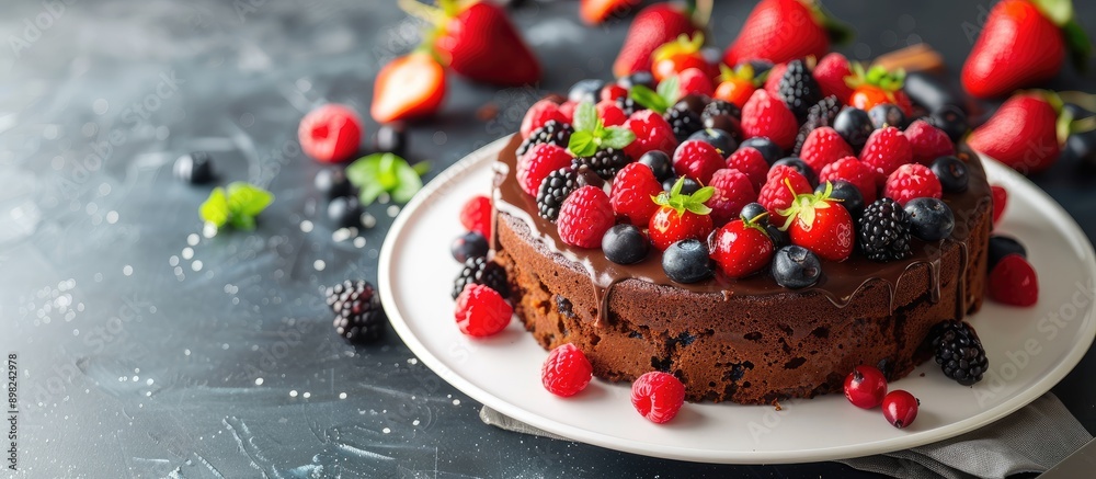 Aufkleber chocolate and fruit cake with low calorie ingredients featured in a copy space image