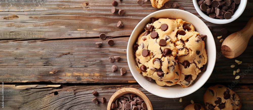 Aufkleber Flat lay of a bowl filled with chocolate chip cookie dough and various ingredients on a wooden table with available copy space image