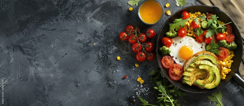 Poster Top down view of a nutritious breakfast cooked in a pan featuring eggs tomatoes corn and vegetables alongside avocado toast on a bright background with space for text or images. Creative banner