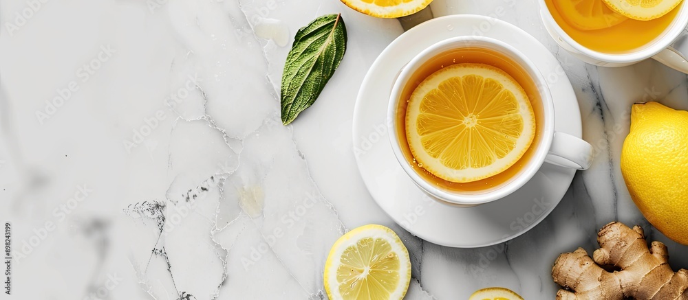 Poster Close up of a warm lemon and honey drink with ginger and lemon placed next to it with a focus on prevention and treatment of flu and colds in a copy space image