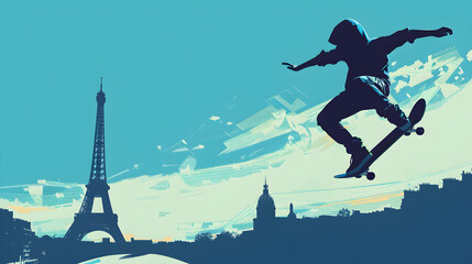 Skateboarding: A minimalistic illustration of a skateboarder performing a trick with the Eiffel Tower in the background on a blue background.


