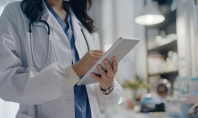 Asian Female Doctor Using Digital Tablet for Patient Prescription: Modern Healthcare Professional Conducting Medical Examination in Clinic. AI-Generated 4K Wallpaper Showcasing Telemedicine, Electroni