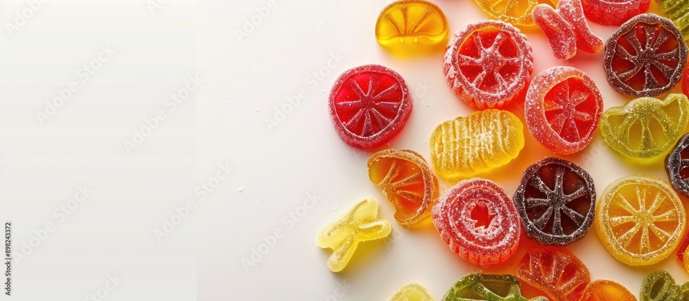 Poster Top view and close up photo of gummy candies featuring a bright and colorful arrangement on a white background with copy space image