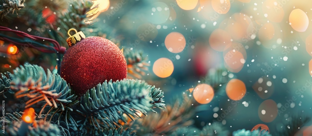 Wall mural Close up view of red Christmas ball and toys arranged on a Christmas tree with a blurred background creating a festive copy space image